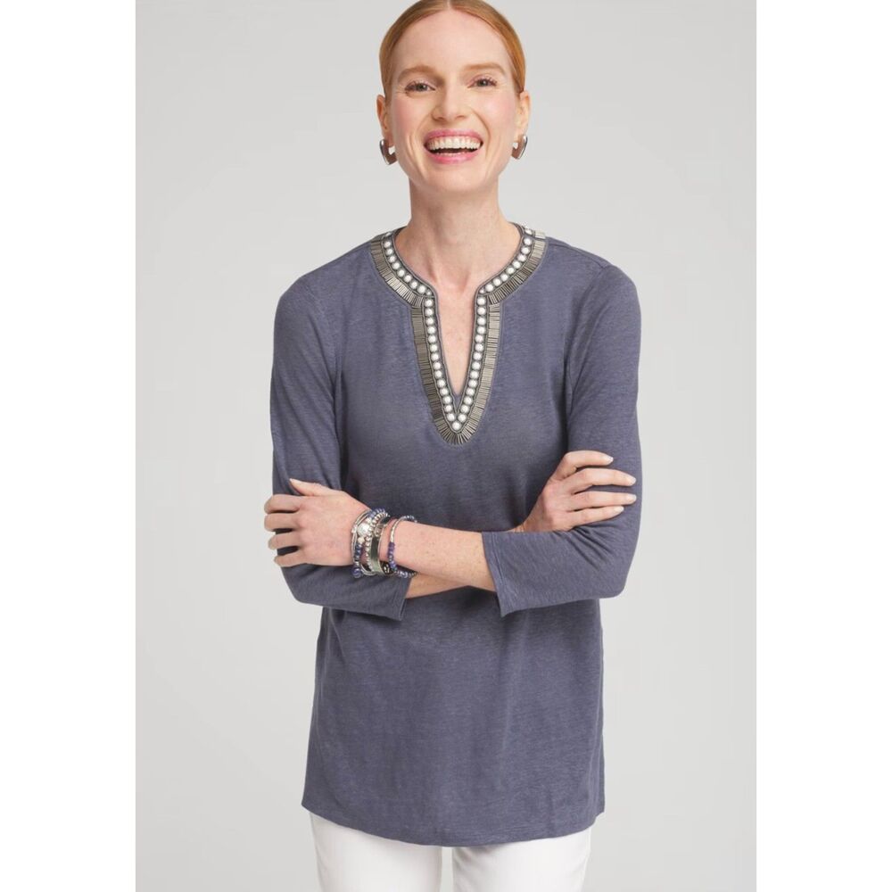 CHICO'S 100% Linen V-Neck Embellished Tunic, Sz 4 (XXL)